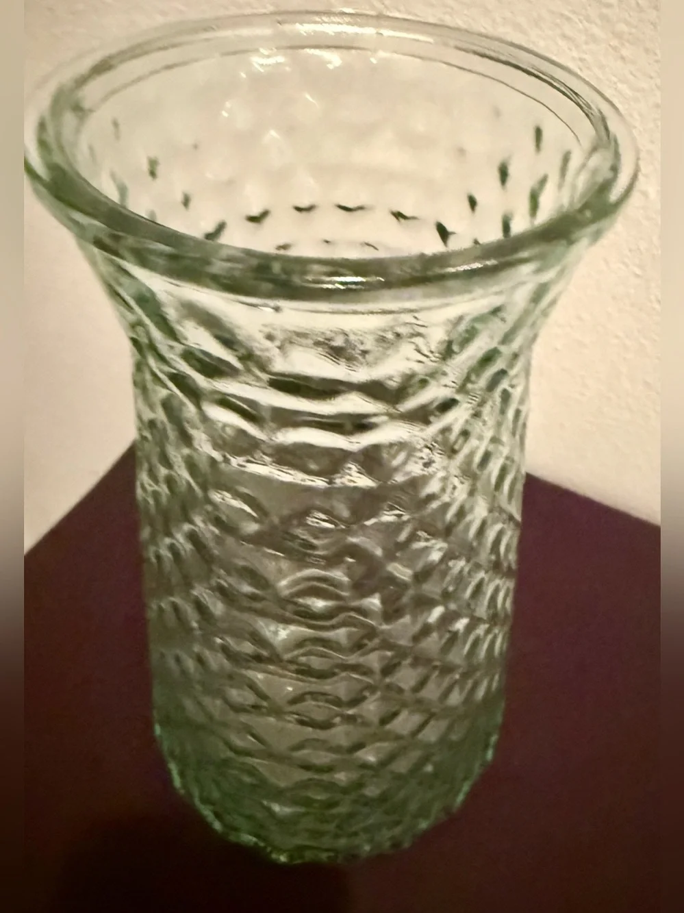 Paula DPS Diamond Pattern glass vase. 9” slight green tint.